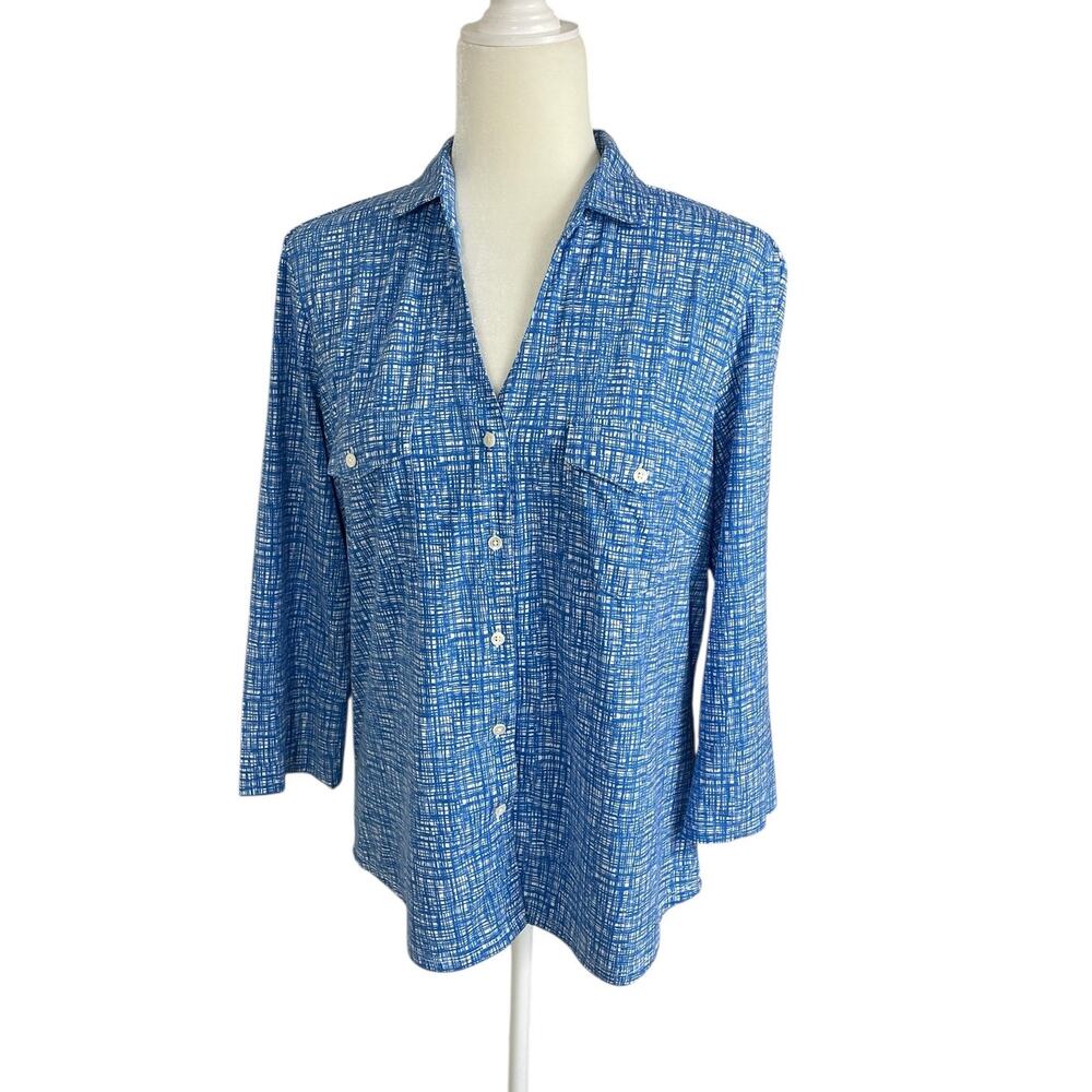 J. McLaughlin Catalina Cloth Button Front Top Blue Large Casual Classic Career - Picture 2 of 8